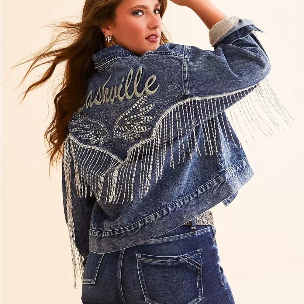 Miss Me Blue‎ Denim Jacket with Silver Rhinestone Fringe